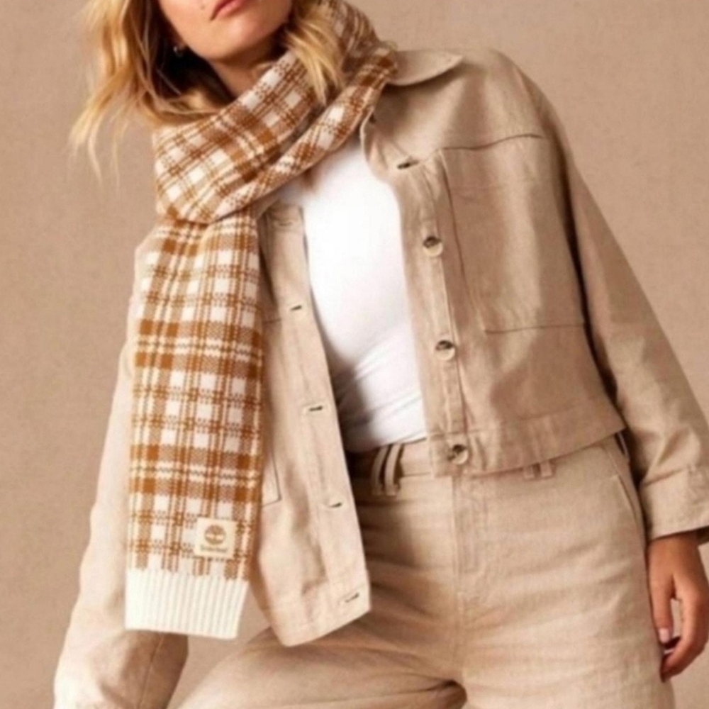 Timberland Gold And Cream Acrylic Plaid Scarf - New With‎ Tags - Cozy Knit